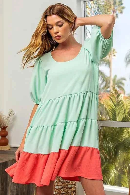 BiBi Two-Tone Balloon Sleeves U Neck Tiered Ruffle Hem Mini Dress 86299450a0024c7cbfa5e1e5f7b156d1-Max-Origin