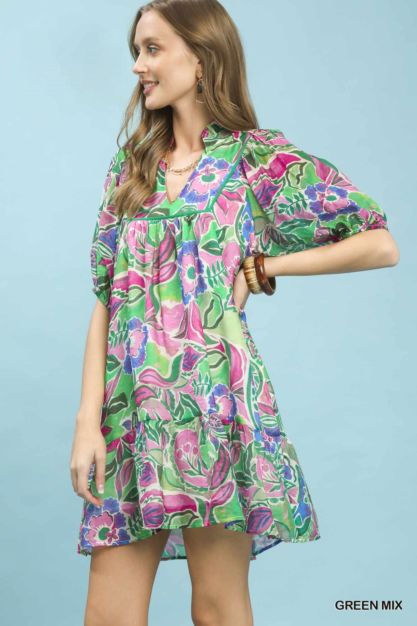 Umgee Abstract Print V-Neck Baby Doll Dress 862c7a14-9894-48a0-ba11-3cfdb1b88344-Max