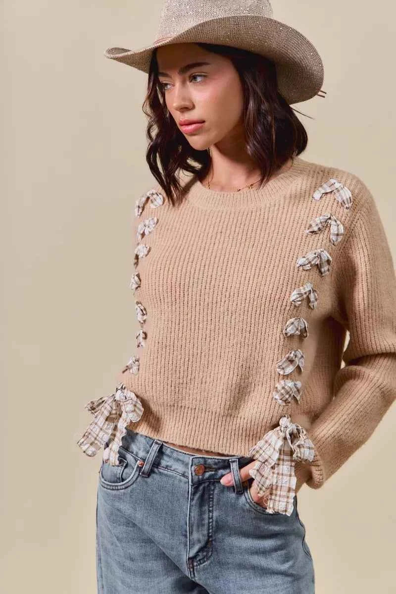 SO ME Checkered Plaid Tape Lace Up Ribbed Sweater 8630ebcf2ded424688acff56a8349b7d-Max-Origin