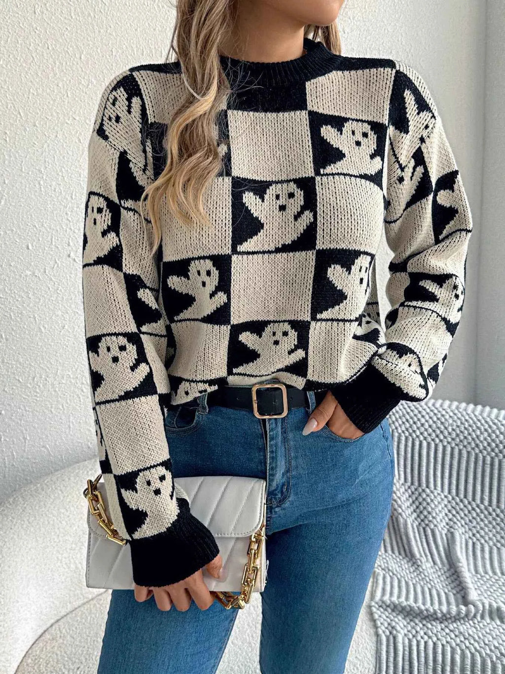 Halloween Ghost Pattern Checkered Round Neck Sweater Apricot 8632dc35948f4c21b92c1ca027ffd4e5-Max-Origin
