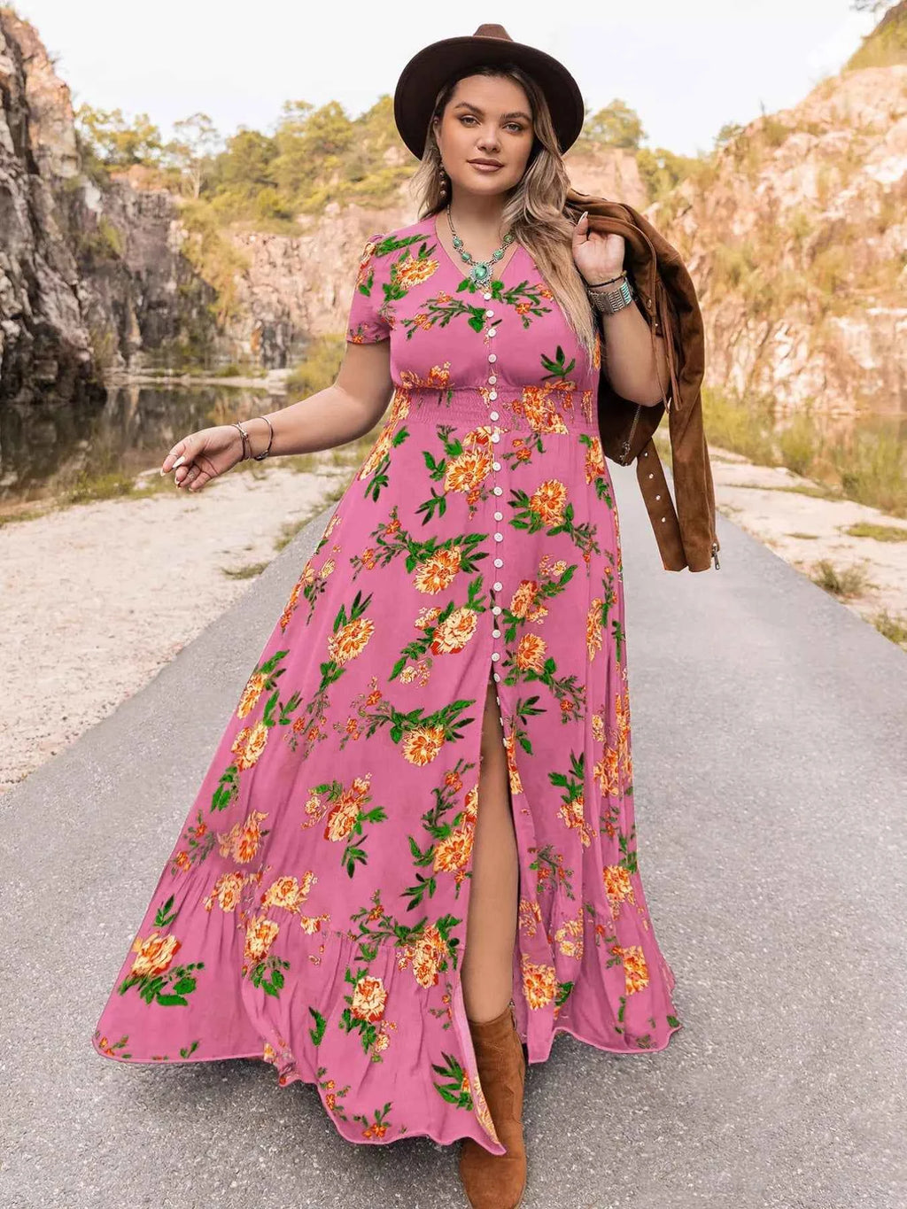 Plus Size Floral V-Neck Short Sleeve Maxi Dress Fuchsia Pink 86341b09-e6d8-47ef-8fb3-99a76b5ff6b0-Max-Origin