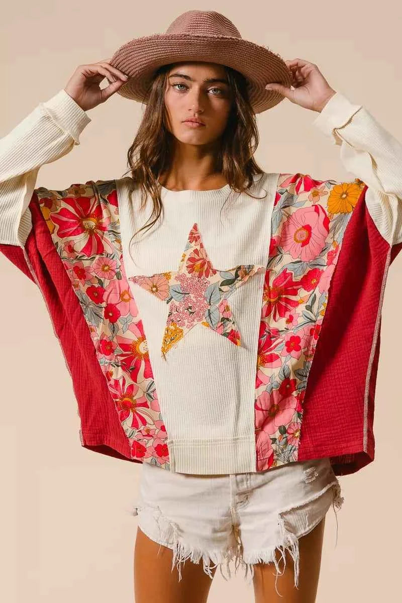 BiBi Floral Print Mixed Star Patch Round Neck Sweatshirt 8635f20b8928496e9be54a7773ae85ea-Max-Origin