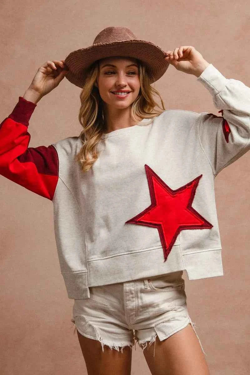 BiBi Star Patch And Spliced Hemline French Terry Long Sleeve Sweatshirt 863b1dc576a247249c18dcbac60f8225-Max-Origin