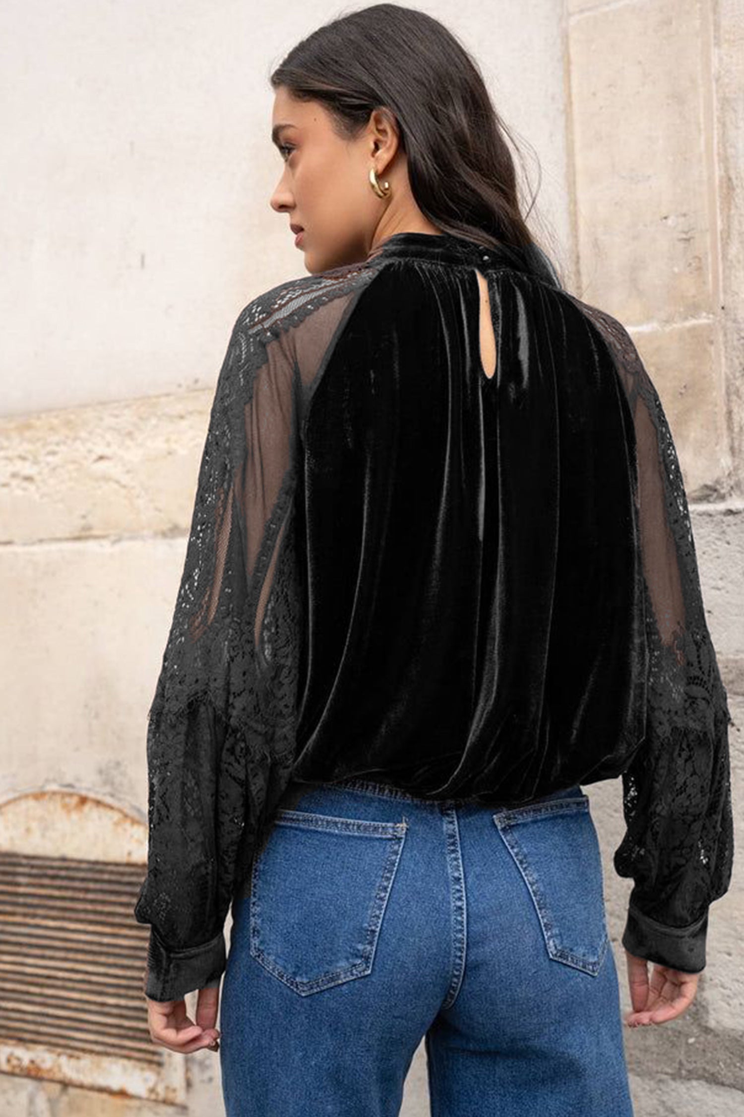 Color Black Solid Color Sheer Lace Long Sleeve Patchwork Stand Neck Velvet Blouse 86413b24b55a4d41