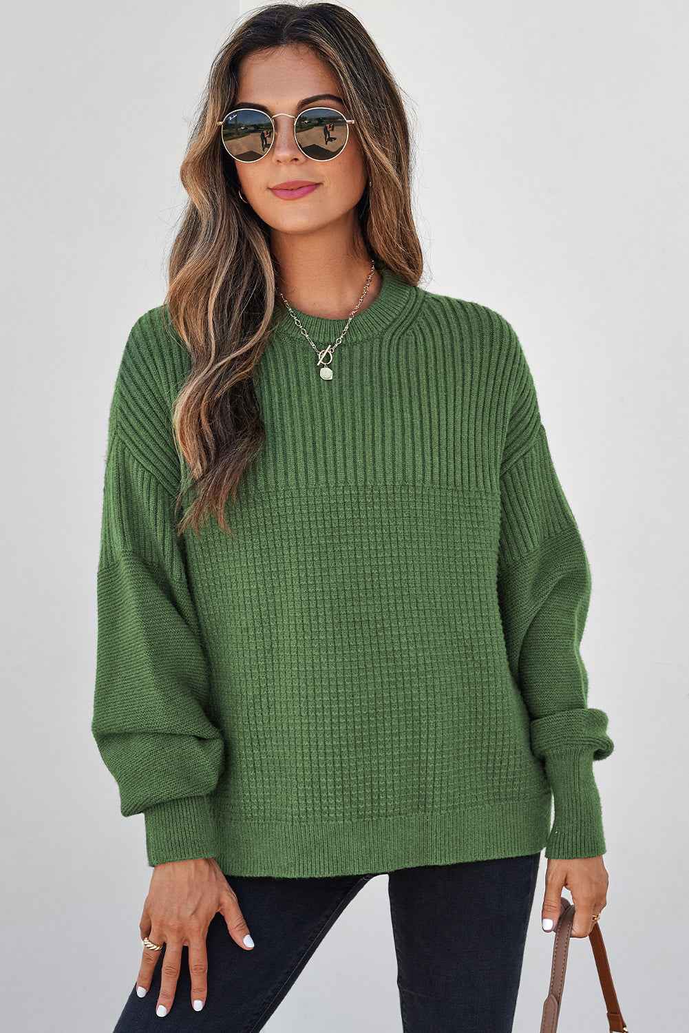 Vineyard Green Solid Color Mixed Textured Knitted Crew Neck Sweater Vineyard Green 50%Viscose+28%Polyester+22%Polyamide 8643d8c70e31618e