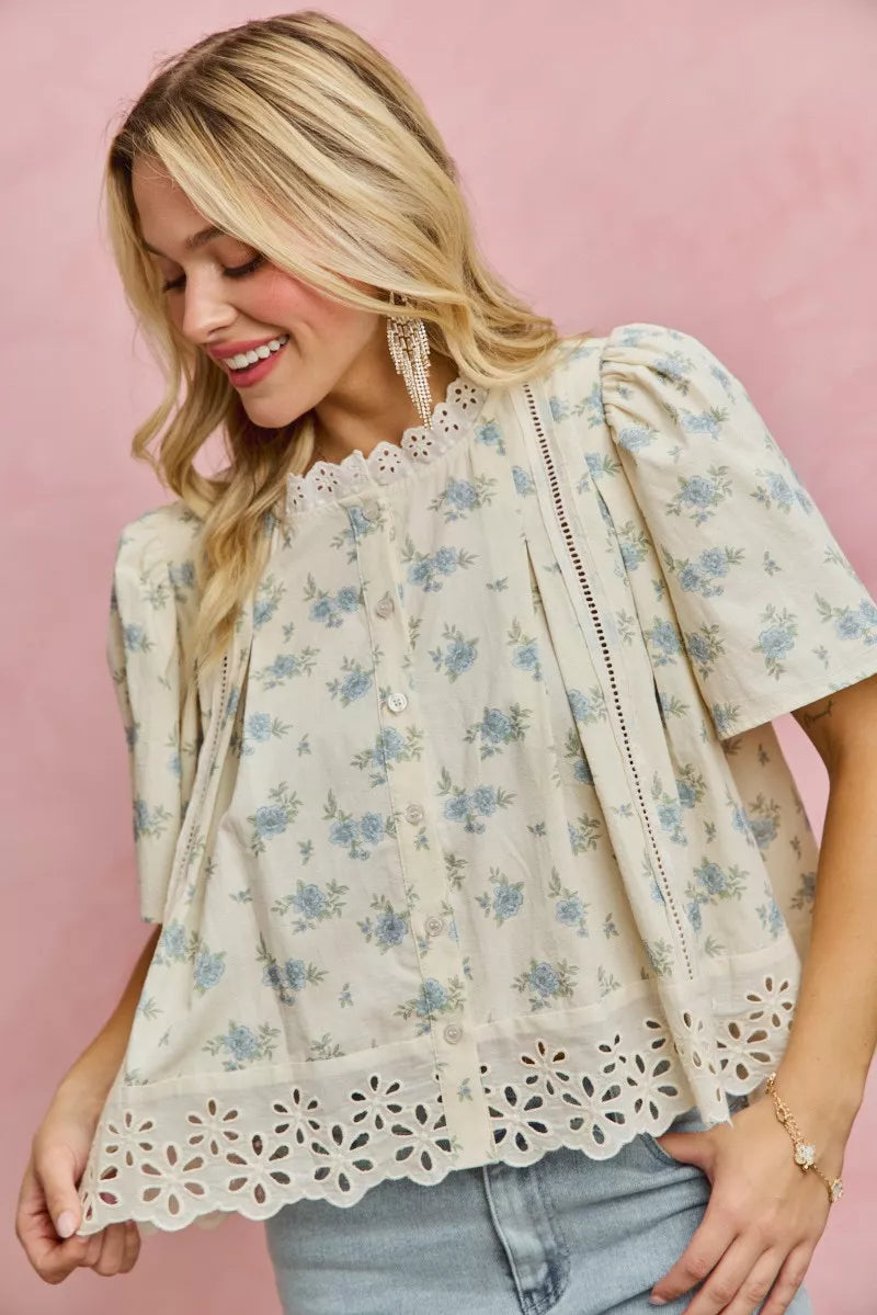 SO ME Floral Print Lace Trim Flutter Sleeves Blouse 8643ec81-5fef-4a8b-bf2e-6c5bcd386b46-Max-Origin
