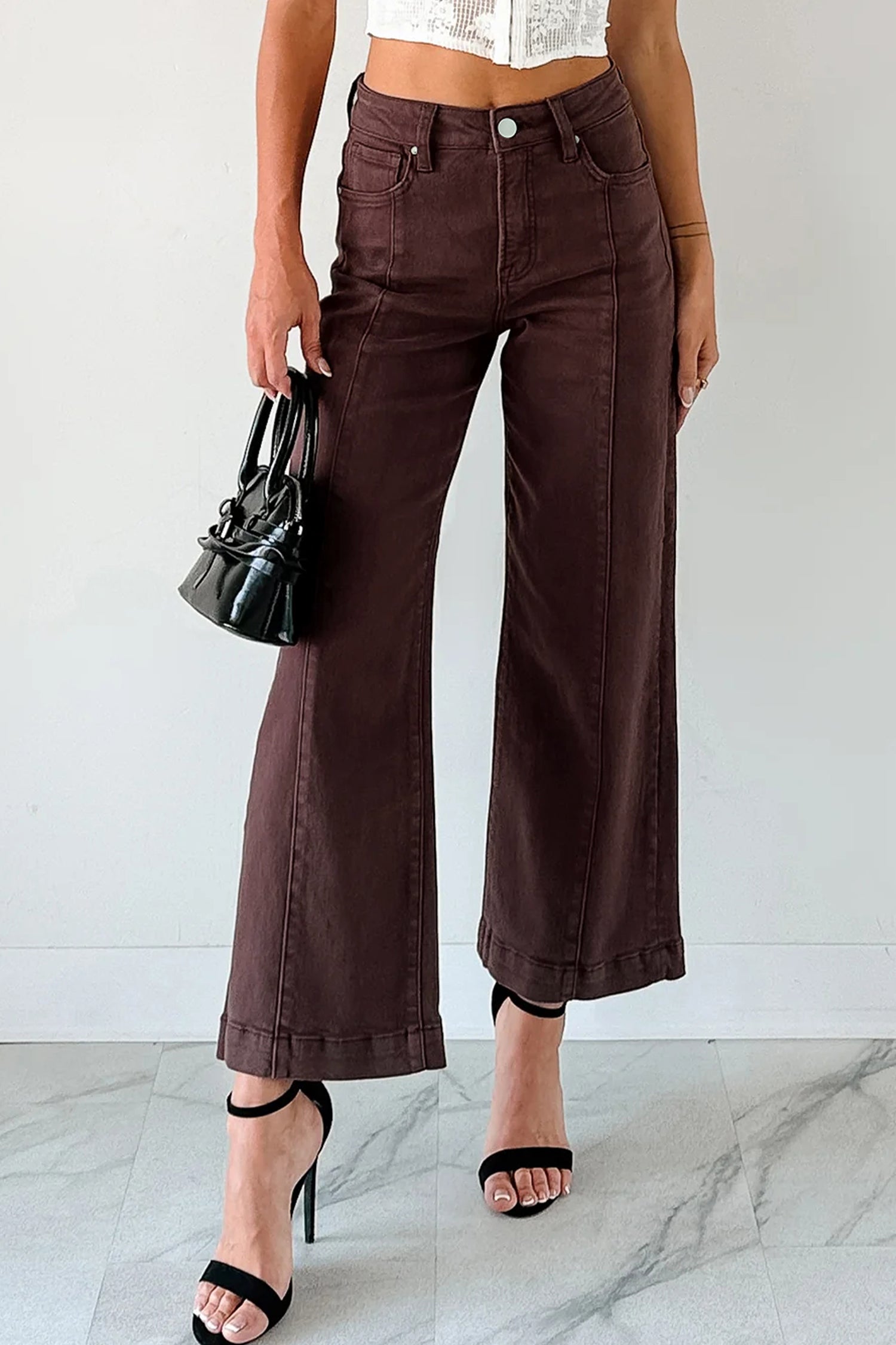 Apricot Solid Color Seamed Center Wide Leg Cropped Jeans 864d01813c2552fe