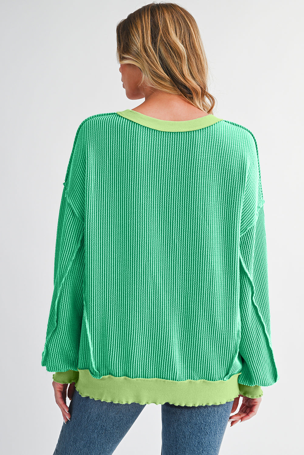 Bright Green Twisted Ribbed Seamed Patchwork Long Sleeve Top 865586d61949820e