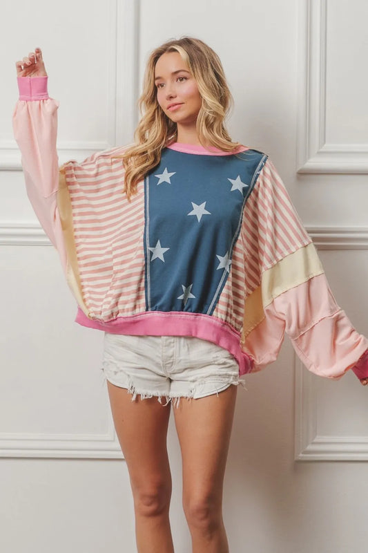 Stars and Stripes Round Neck Long Sleeve Top 86564cc7-4adb-4632-a3ec-ebc44ae10141-Max
