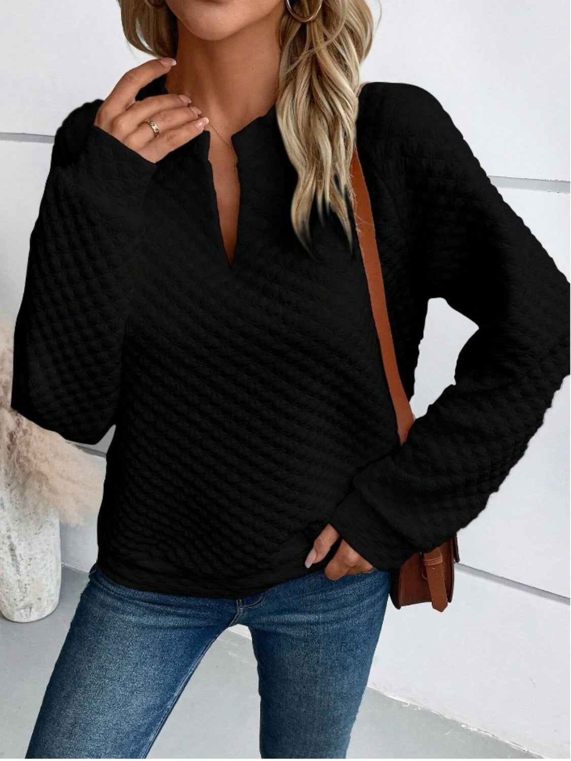 Notched Long Sleeve Sweatshirt