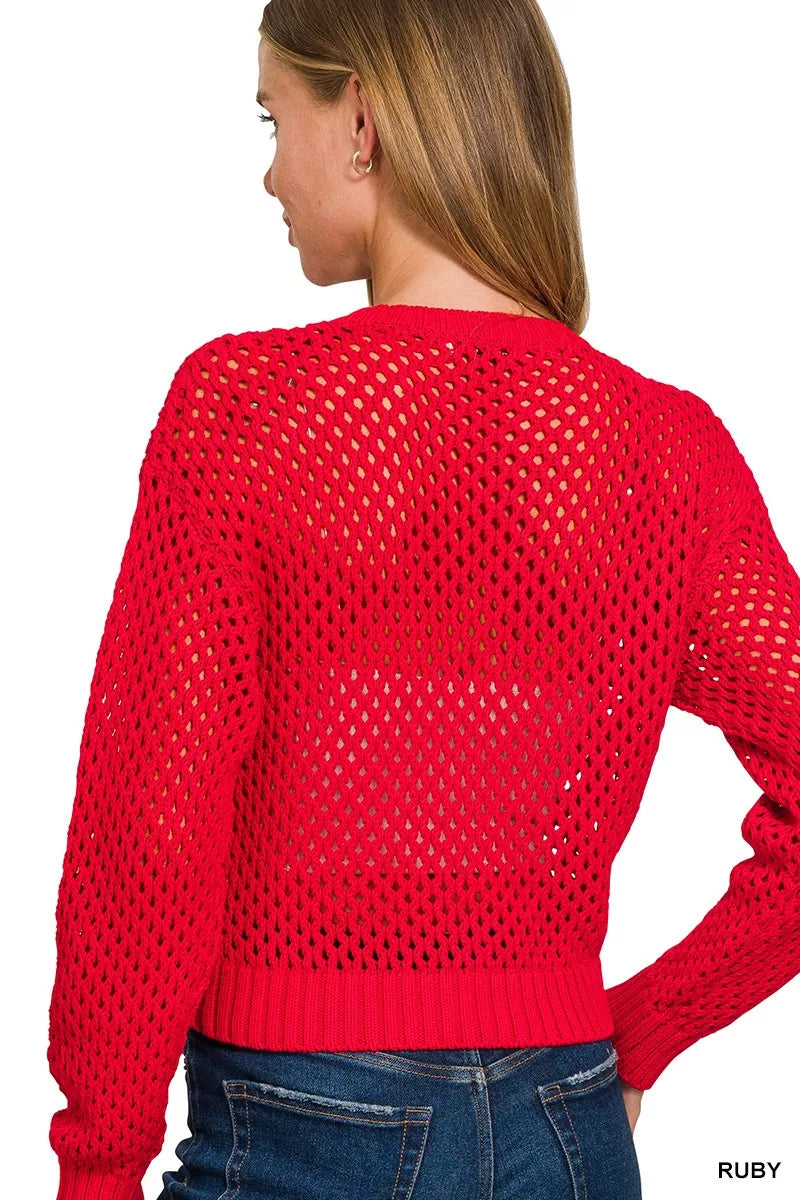 Zenana Button Down Lightweight Crochet Cardigan Sweater 865f13f16b0d4304ab5437a7132fe75c-Max-Origin