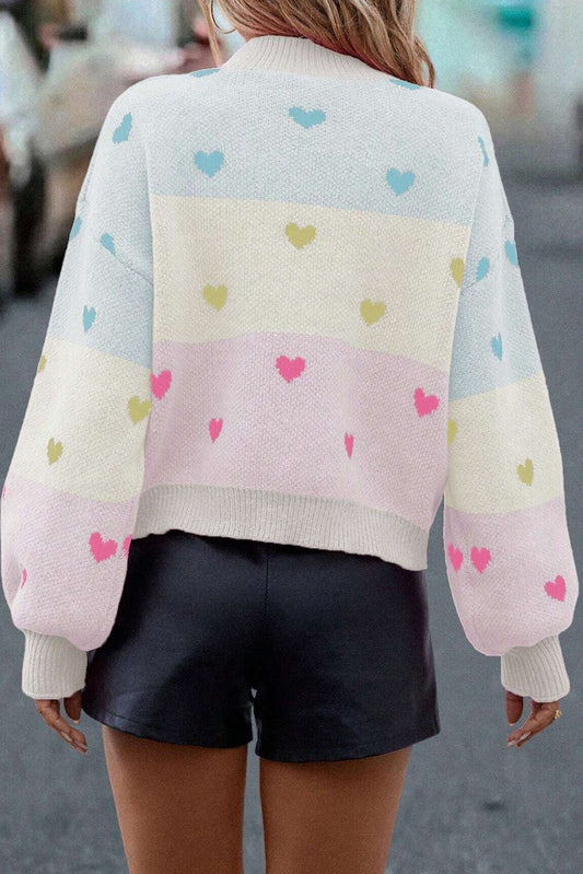 Multicolor Heart Pattern Colorblock High Neck Sweater 8660b6843dbf940f