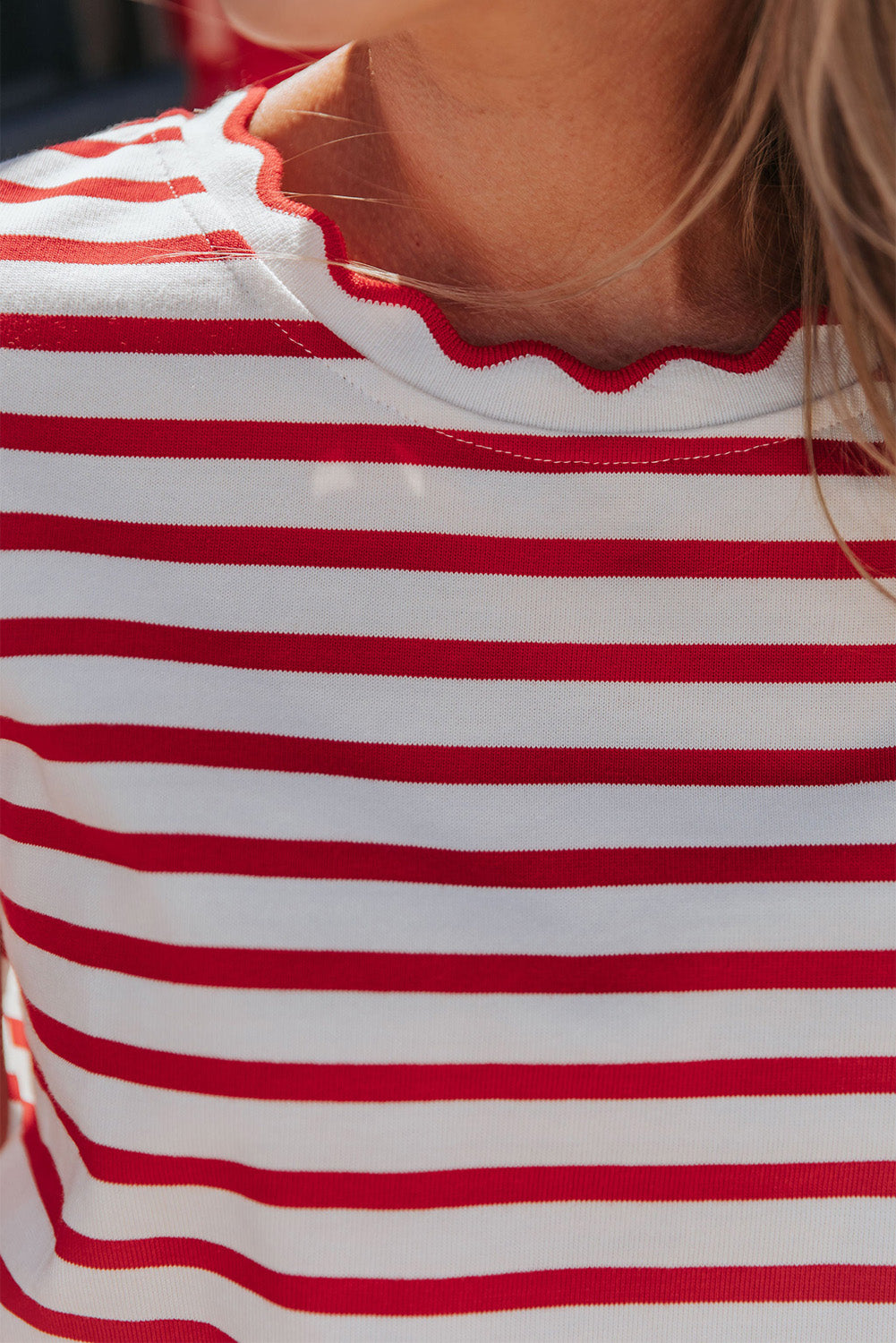 Red Stripe Scalloped Trim Round Neck T Shirt 8660eefc574a1050