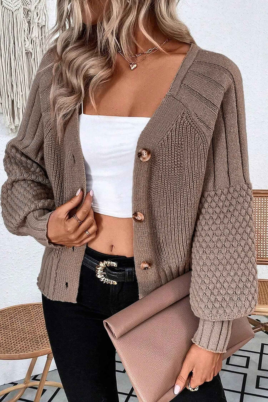 Goat Mixed Texture Knit Button V Neck Sweater Cardigan 8661f9c0a881c82d