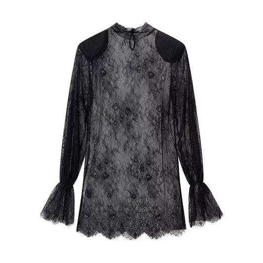 Lace-Spliced Flared-Sleeve Top