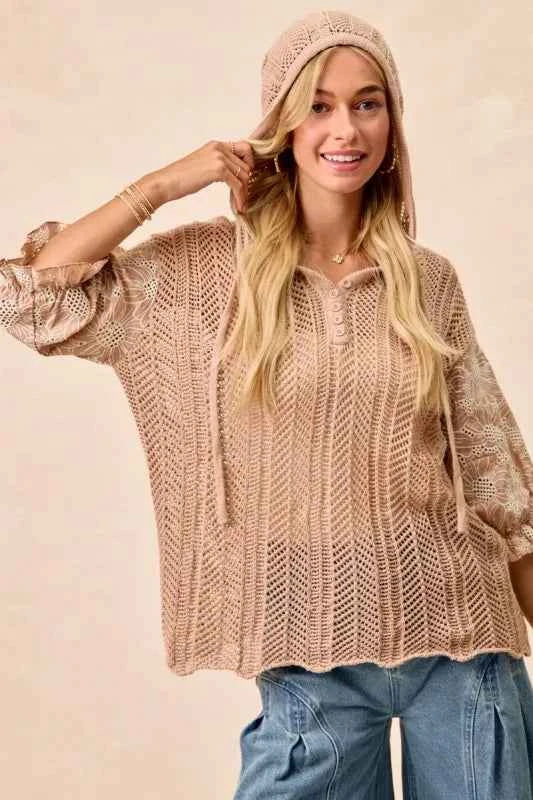 Jacquard Flower Puff Sleeve Hooded Knit Top 8665a59a-def3-4e9f-980f-910cab7d3414-Max-Origin