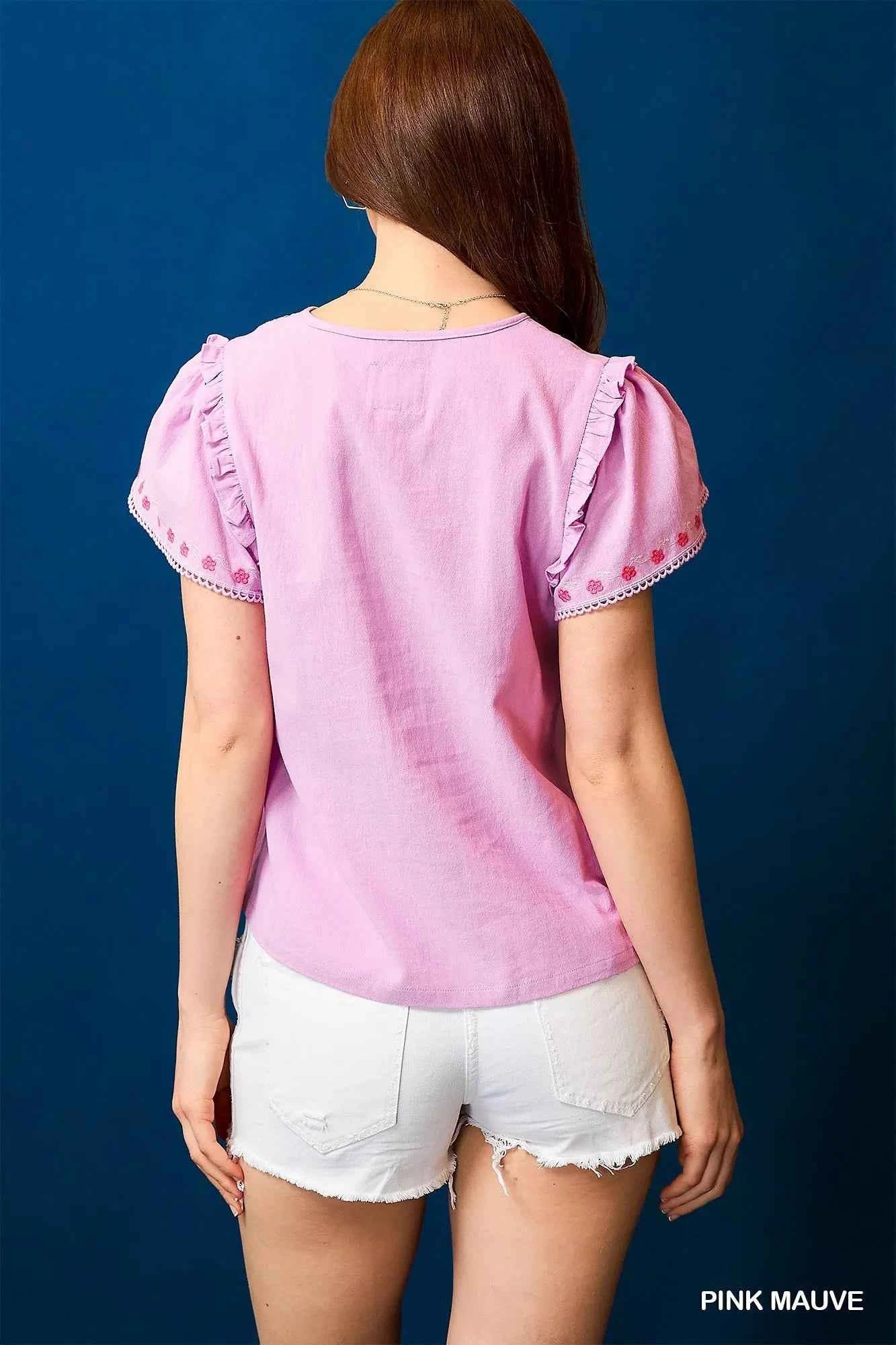 Umgee Floral Embroidered Tie Neck Short Sleeve Blouse 8670e3c6-c2ad-427a-84db-218cc011a725-Max-Origin
