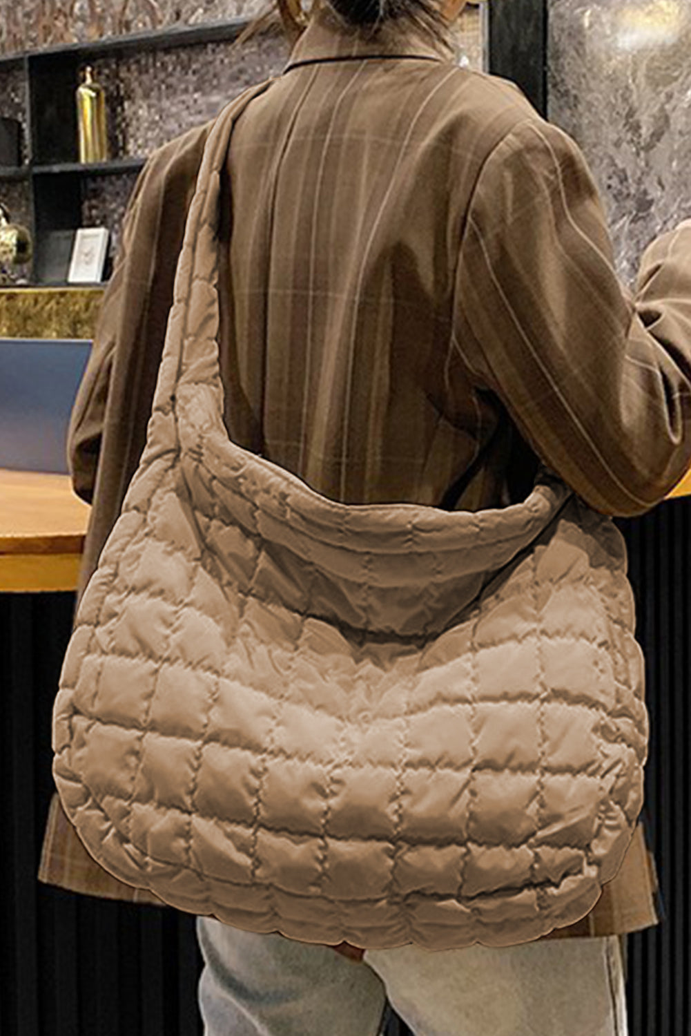 Light French Beige Quilted Zipper Large Shoulder Bag 8671dcb07a7efd62