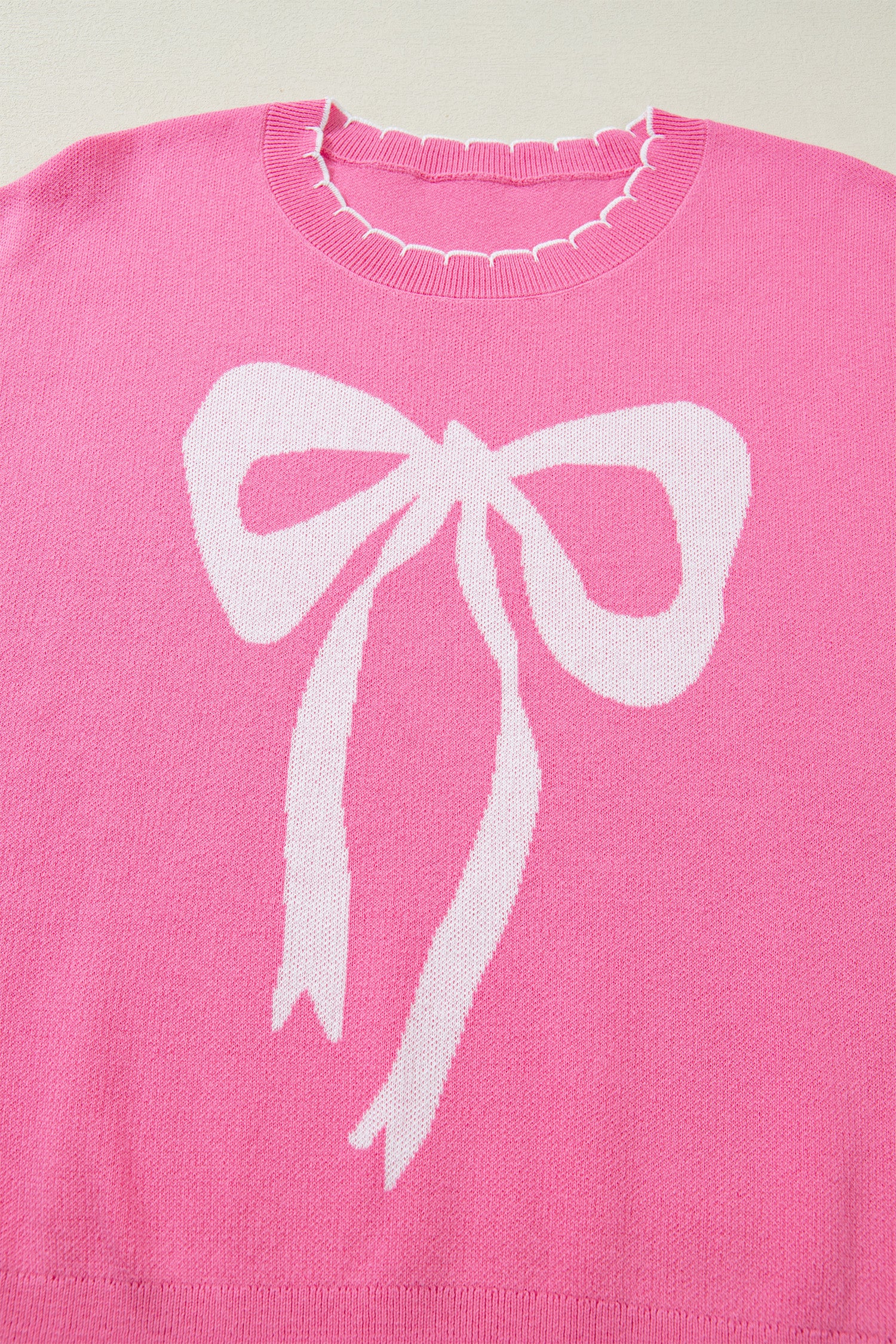 Sachet Pink Big Ribbon Bow Print Contrast Stitch Trim Drop Shoulder Sweater 86734c78d74ddc8d