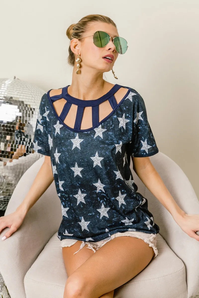 BiBi Vintage Star Print Top With Contrast Caged Neck DK NAVY 8674ce67d85e4770b1741fe31a4f9c0f-Max-Origin