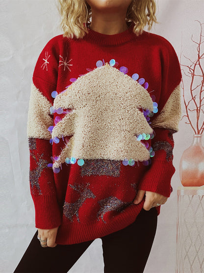 Sequin Christmas Tree & Reindeer Round Neck Sweater