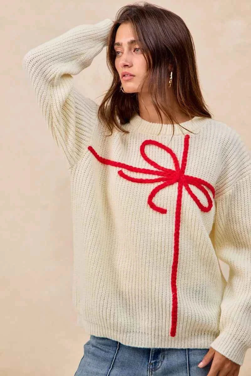 BiBi Christmas Ribbon Bow Embroidery Sweater 86785c1947e0470abfece8d56a85711a-Max-Origin