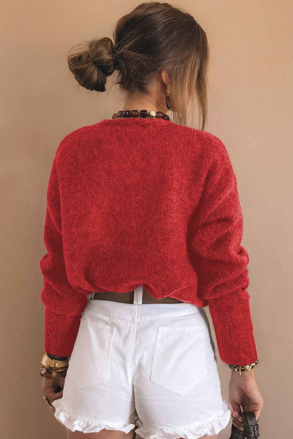 Fiery Red Heart Metal Button V Neck Cardigan Sweater 867ac3b896755c24