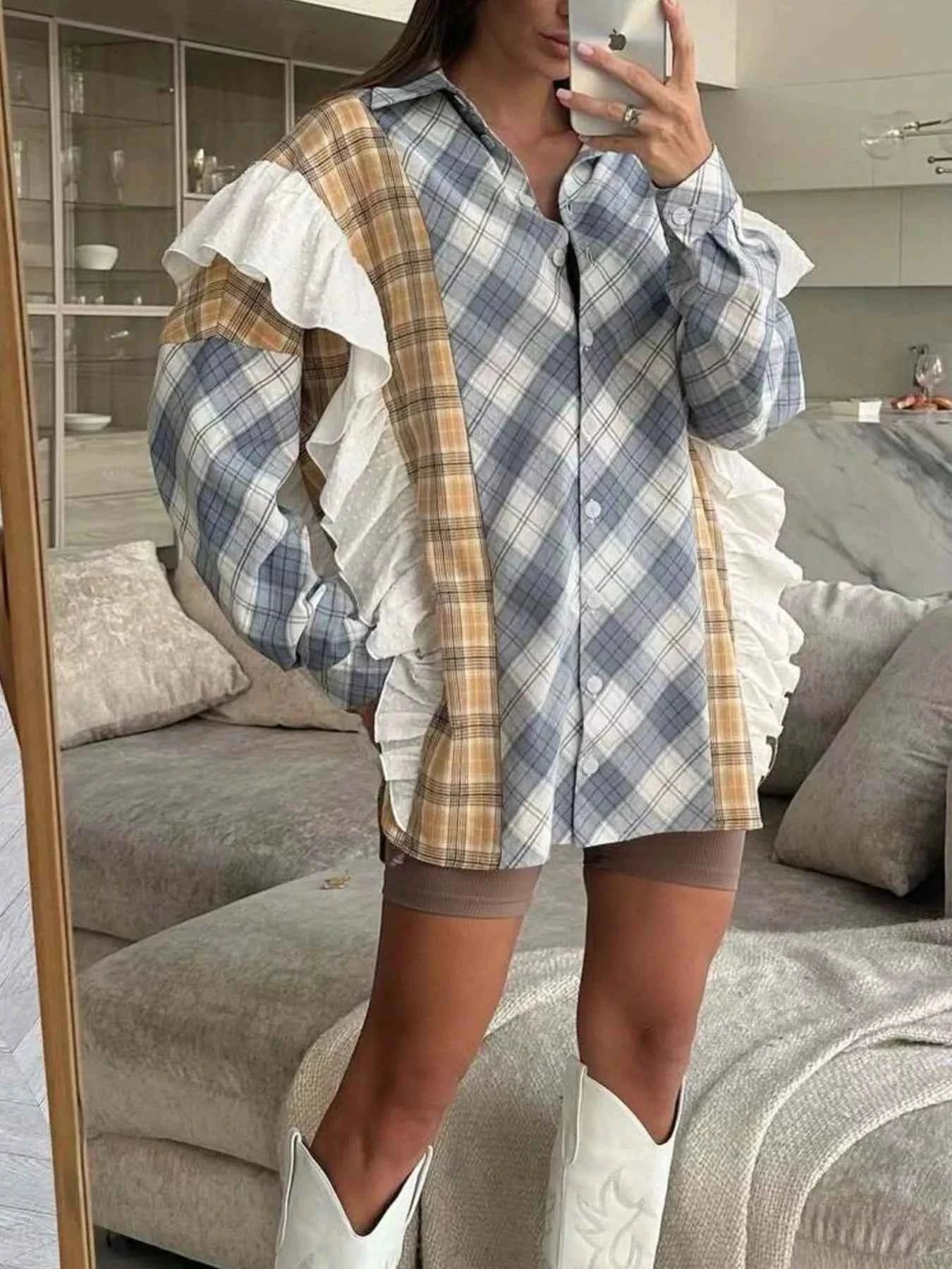 Ruffled Plaid Long Sleeve Shirt Dusty Blue 867c0690-2ee1-4565-a971-a72a10f15406-Max-Origin