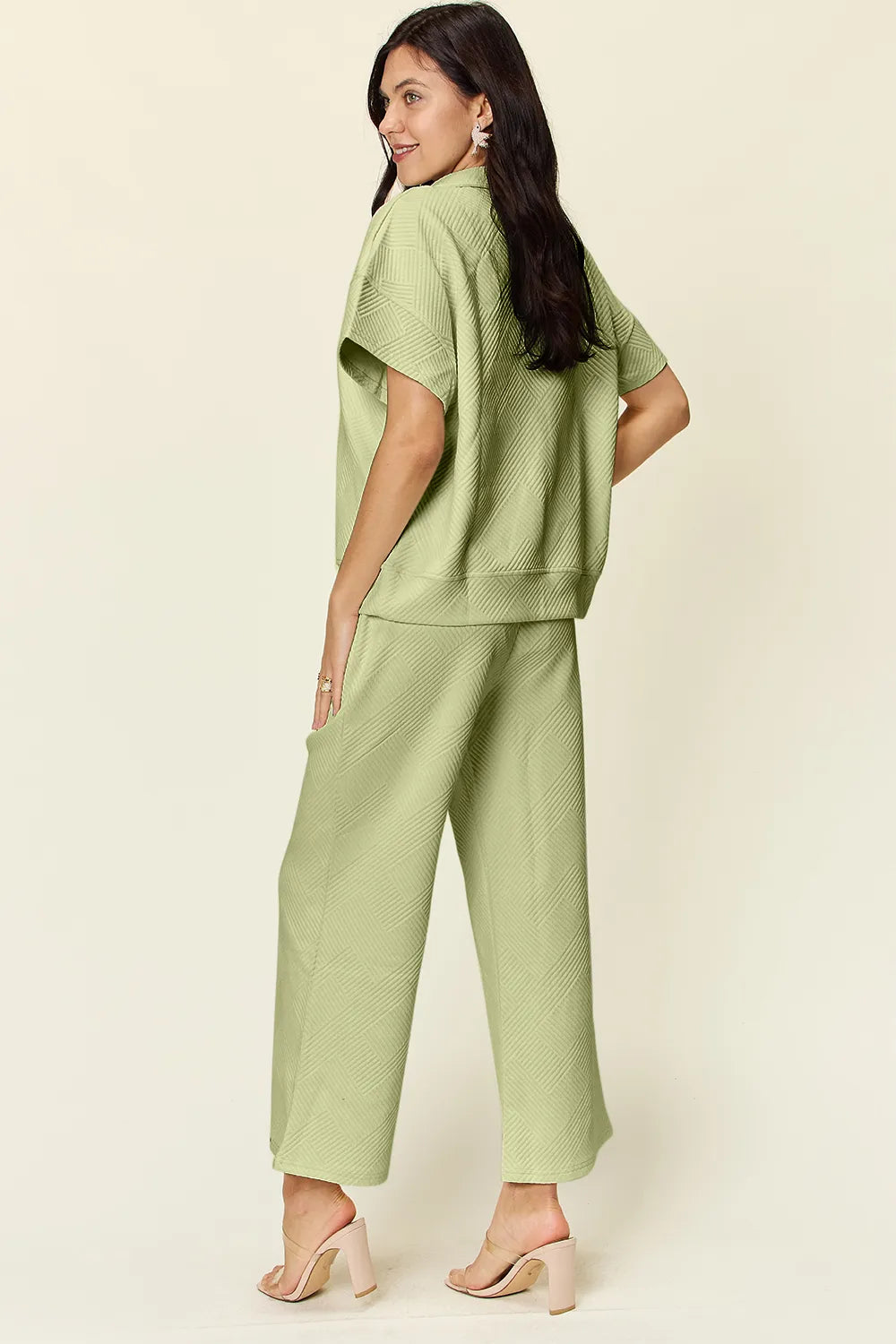 Double Take Full Size Texture Half Zip Short Sleeve Top and Pants Set 867d2e2b-9855-485d-b8ec-be99d7b539c5-Max
