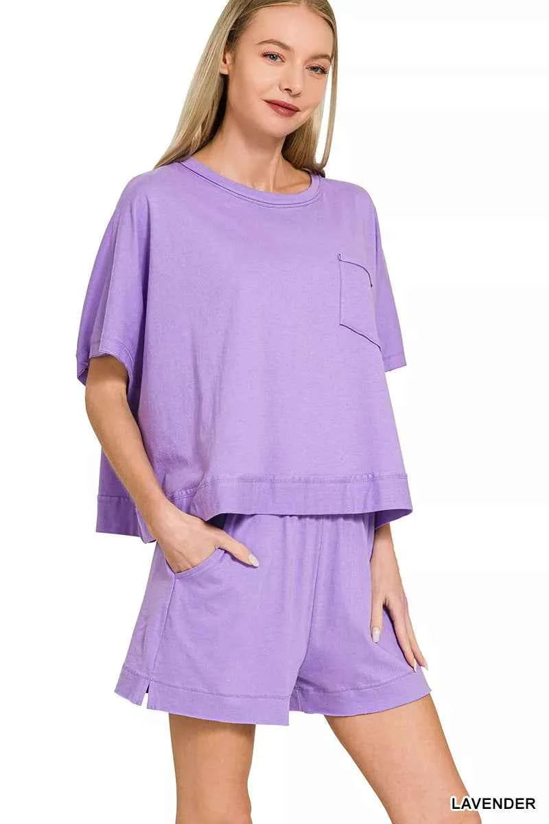 Zenana Exposed Seam Boxy Top & Shorts Set LAVENDER 867dbc9718c945369b8d396acd8d8468-Max-Origin