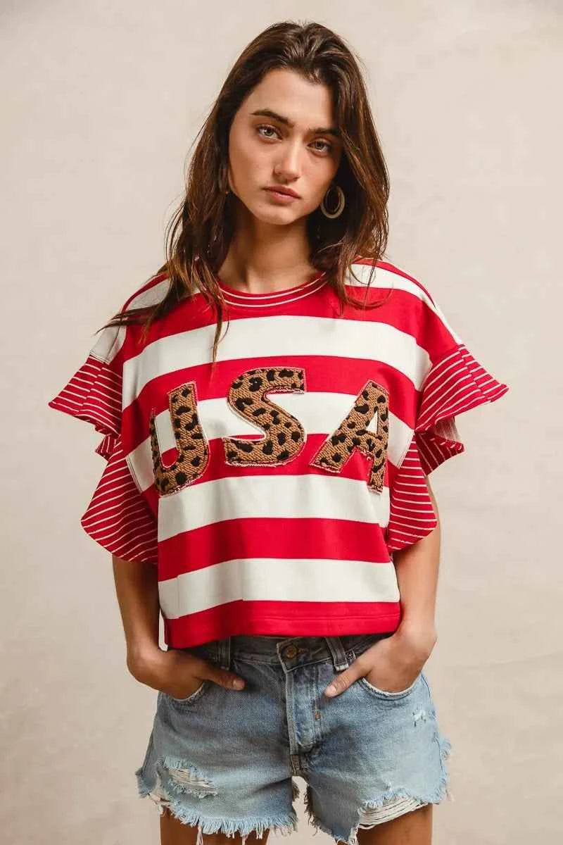 BiBi Stripe Mixed Ruffle Sleeve Top With Leopard Letter 867dfbd2bcf54603903918a036bf93ff-Max-Origin