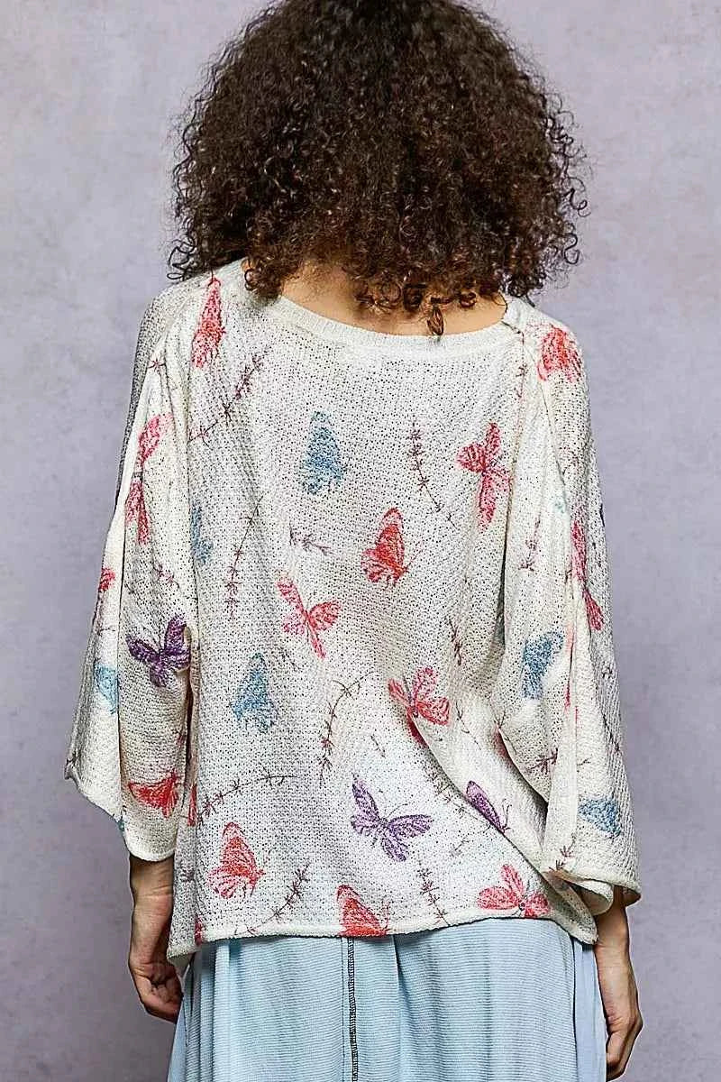 POL Butterflies Pattern Round Neck knit Top with Outseam Rolling Edge 86806eb7-b7cf-4d82-8cbf-e41cff1e208d-Max-Origin