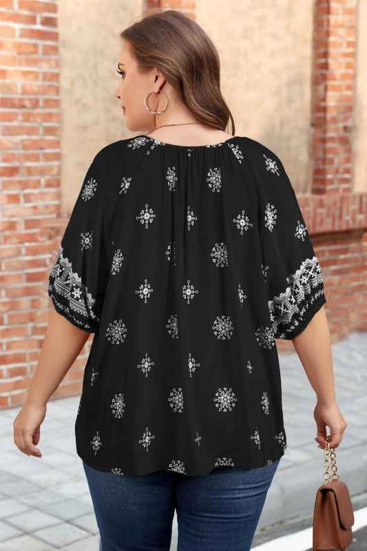 Plus Size Boho Floral Boho Notch V-Neck Top 86845b4f-e443-4f74-9378-e3d1e91a0f0c