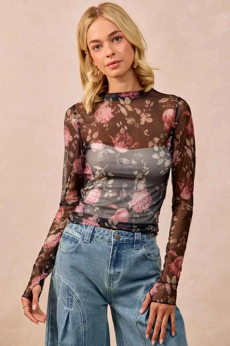 BiBi Flower Printed Mesh Lace Top with Thumb Opening 86866eb12dfa4ed9811e04d59cc1c772-Max-Origin