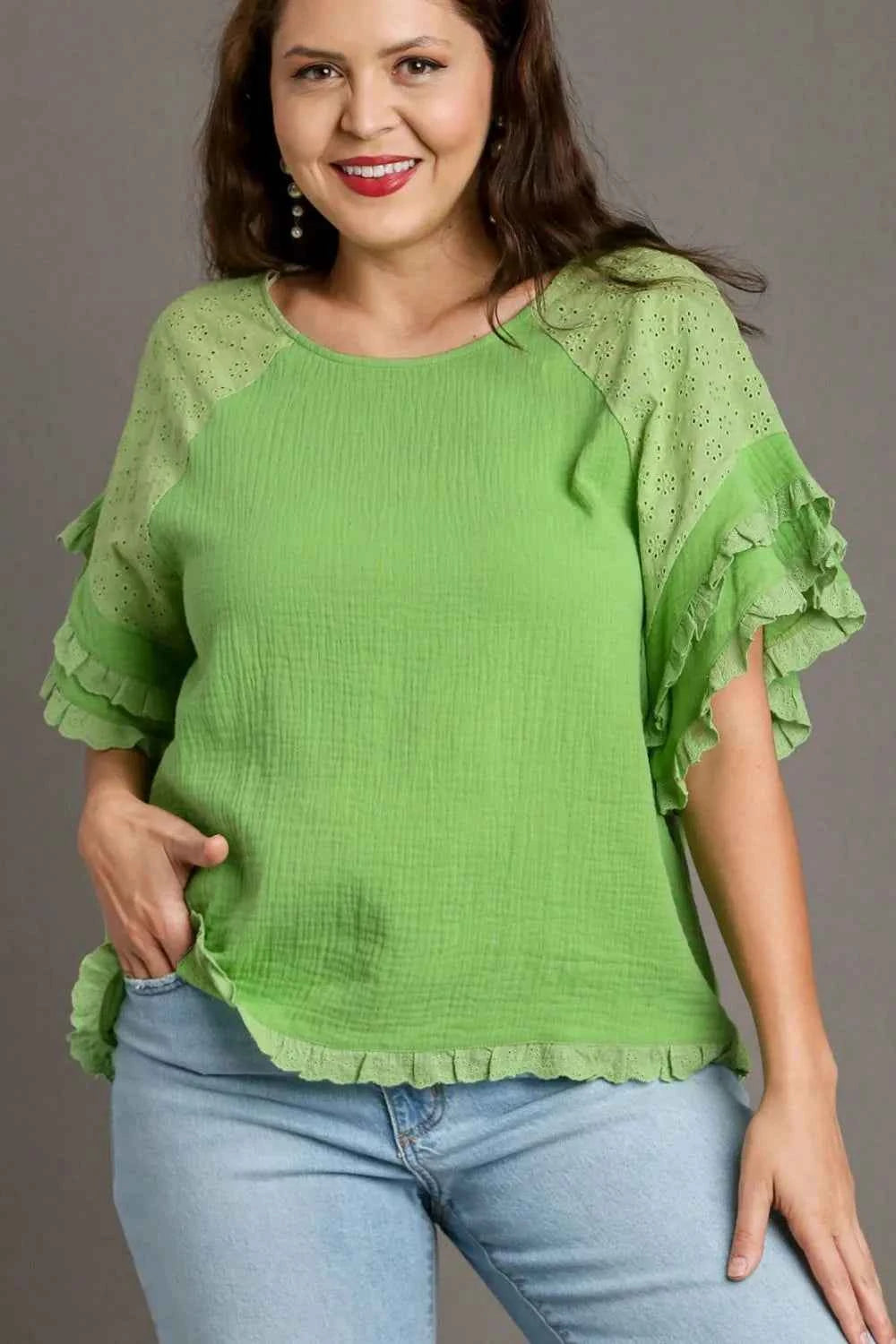 Umgee Full Size Cotton Gauze Round Neck Ruffle Eyelet Layered Sleeve Blouse Plus Size 8687aaee-88ce-476b-aa47-520b8fda2291-Max