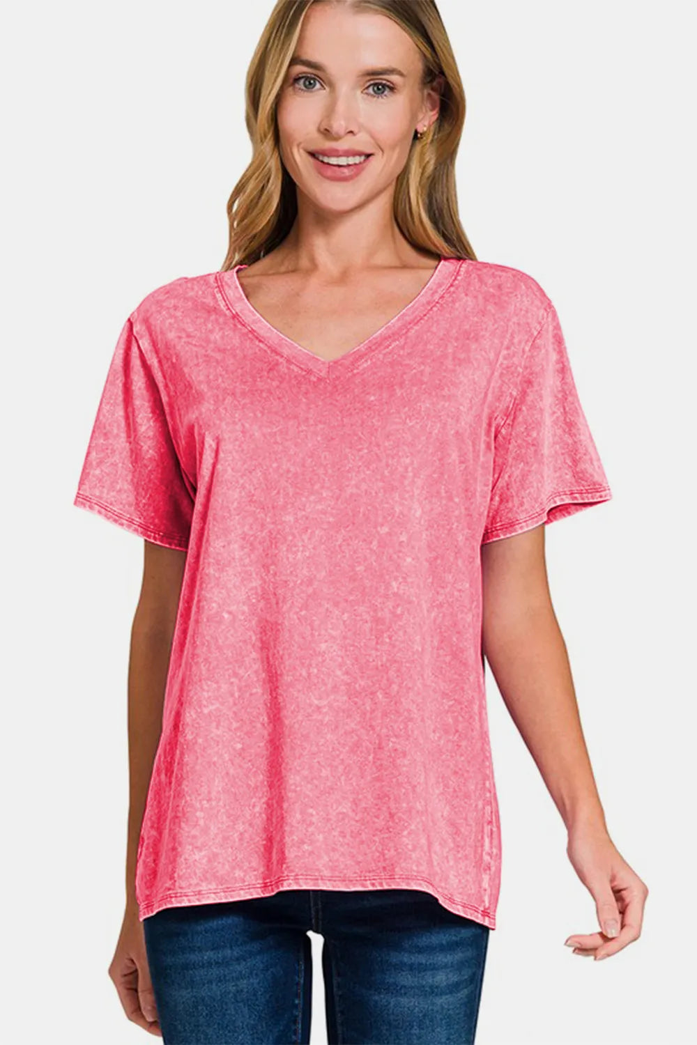 Zenana Full Size Washed Short Sleeve V-Neck T-Shirt 8689cd3c-c536-4af0-b97e-9c75e007a2aa-Max
