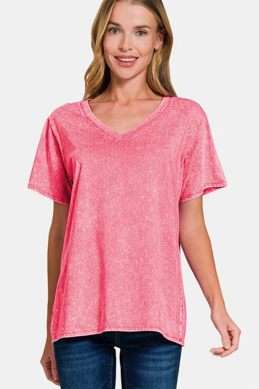 Zenana Full Size Washed Short Sleeve V-Neck T-Shirt 8689cd3c-c536-4af0-b97e-9c75e007a2aa-Max