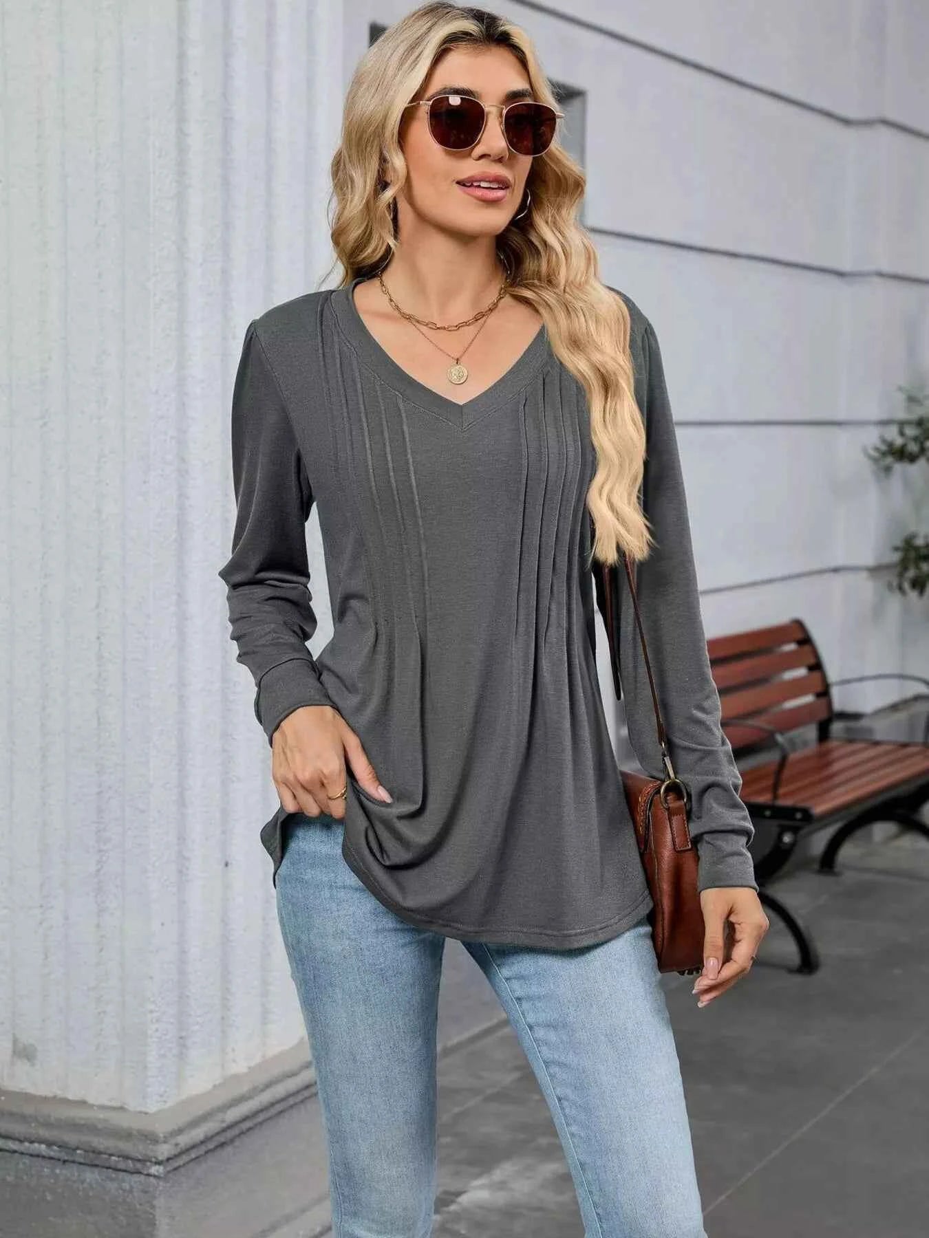 V-Neck Long Sleeve Relaxed Fit T-Shirt