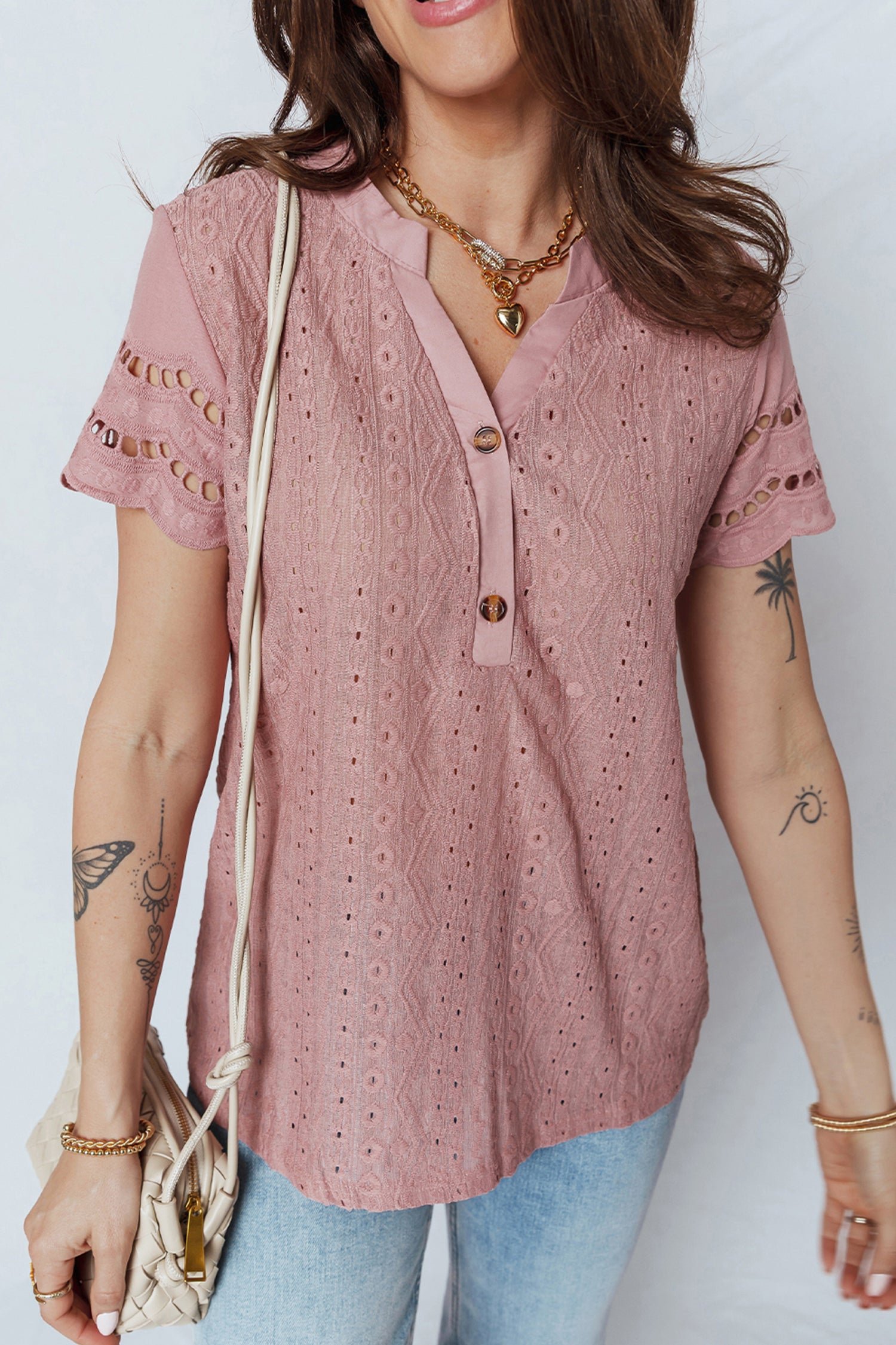 Fushia Textured Embroidered Half Buttons Short Sleeve Blouse 868cd8b6a5640d39
