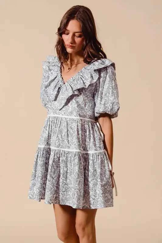 SO ME Cotton Printed Ruffle V Neckline Dress with Side Tie 868df8dc79b44ae8bc0e49c89ced2985-Max-Origin