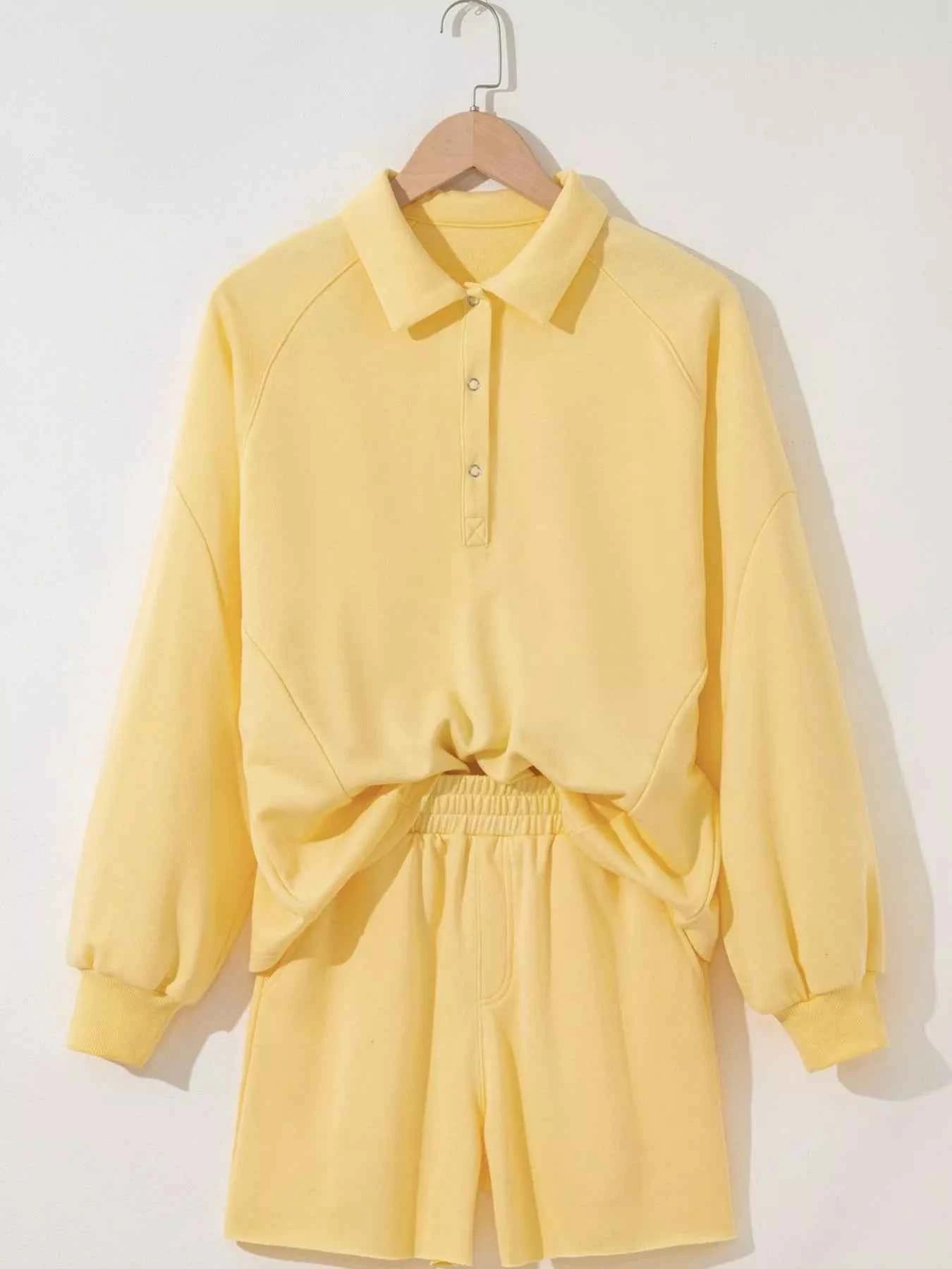 Button Collar Drop Shoulder Top and Shorts 2pcs Set
