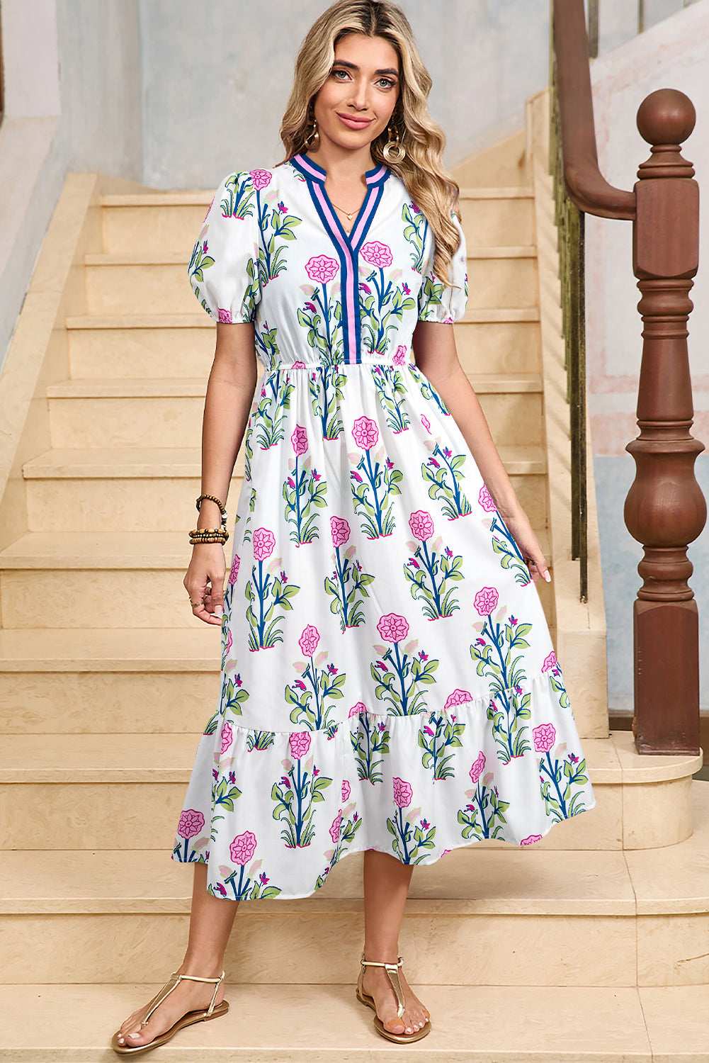 Blue Floral Ruffle Hem Pop of Color Neckline Dress 869050865ed35cd9-_19