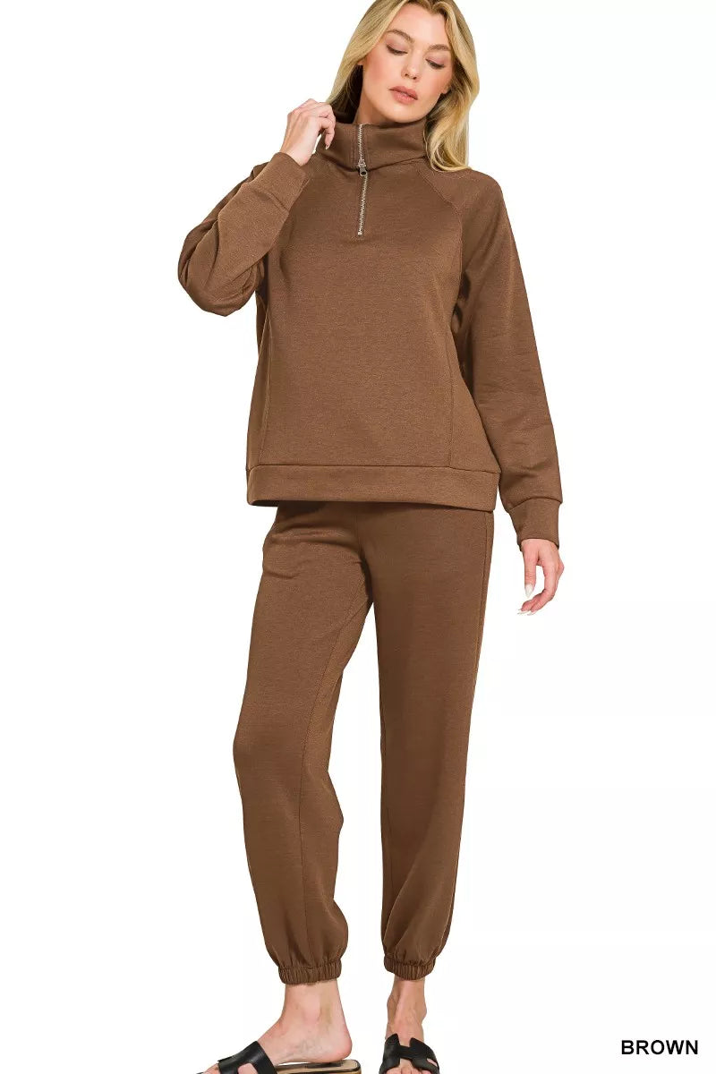 Zenana Scuba Half Zip Sweatshirts and Joggers Set BROWN 8693f9da25bb45f3abf005a35b047bd9-Max-Origin