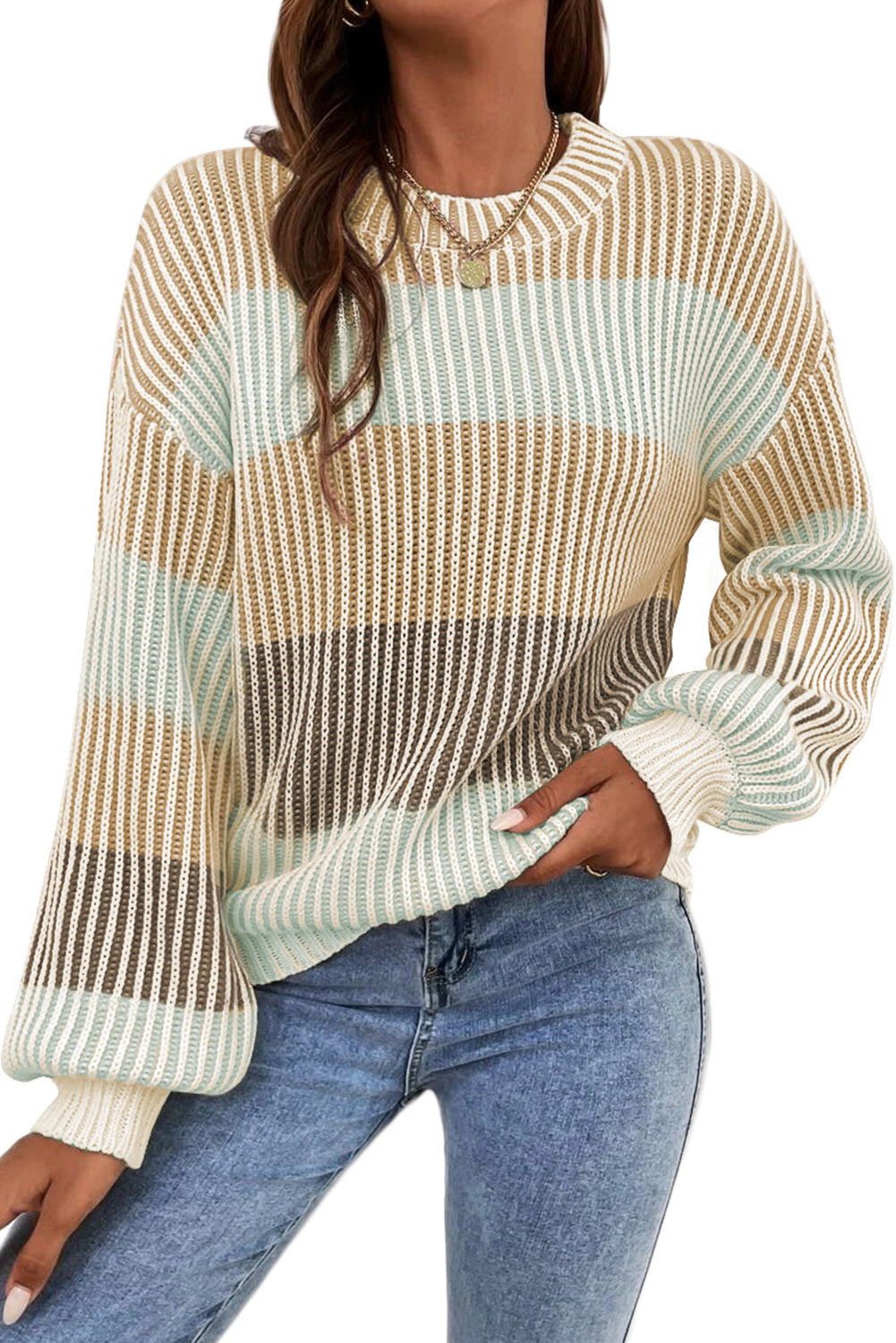Pink Colorblock Lantern Sleeve Rib Knitted Sweater 869974532ff53d5a
