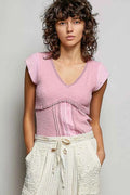 POL V-Neck Lightweight Textured Short Sleeve Knit Top with Lace Trim SOFT PINK 869c584f-a12f-404e-b1cb-c92f7d55f735-Max-Origin