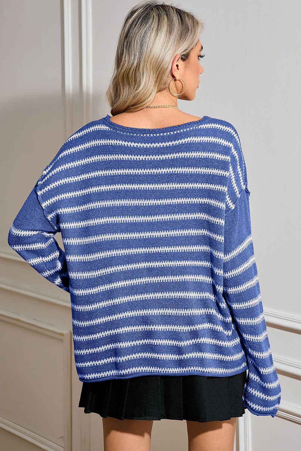 Green Stripe Casual Stripe Round Neck Drop Shoulder Sweater 869f5e0b5f3df096
