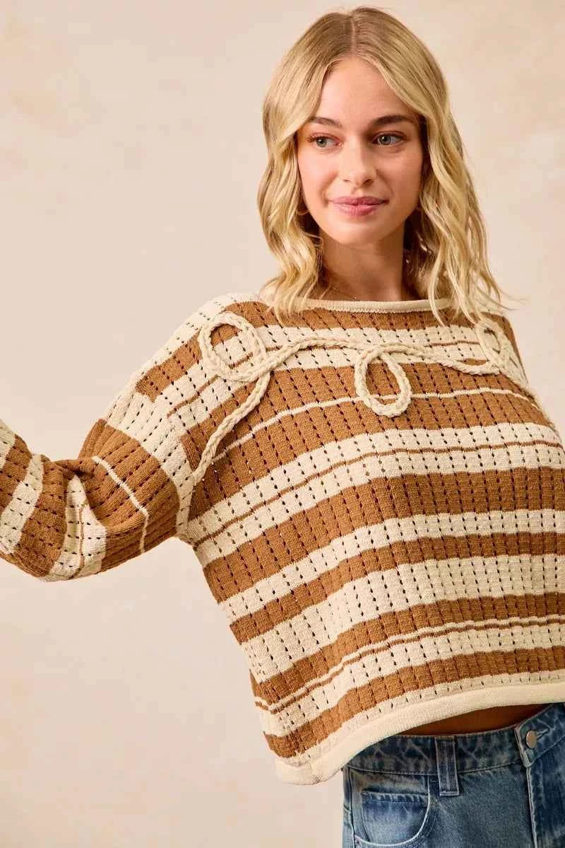 BiBi Striped Open Knit Sweater Top with Front Braided Detail 86a372380d87400b8f0d824386269e88-Max-Origin