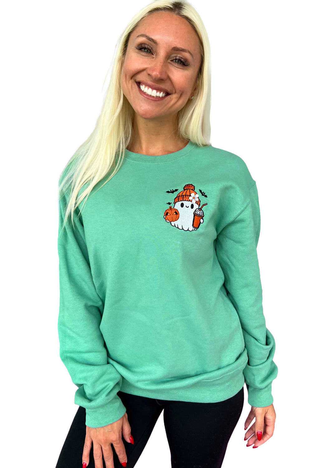 Aruba Blue Cute Halloween Ghost Embroidered Sweatshirt Aruba Blue 65%Polyester+35%Cotton 86aec25a30cc8f8c