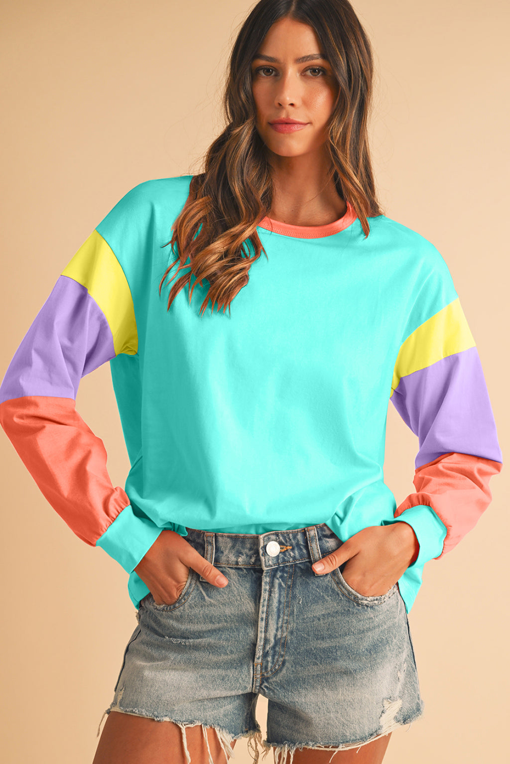 Green Color Block Sleeve Loose Fit Top 86b1a21e4f74b49b