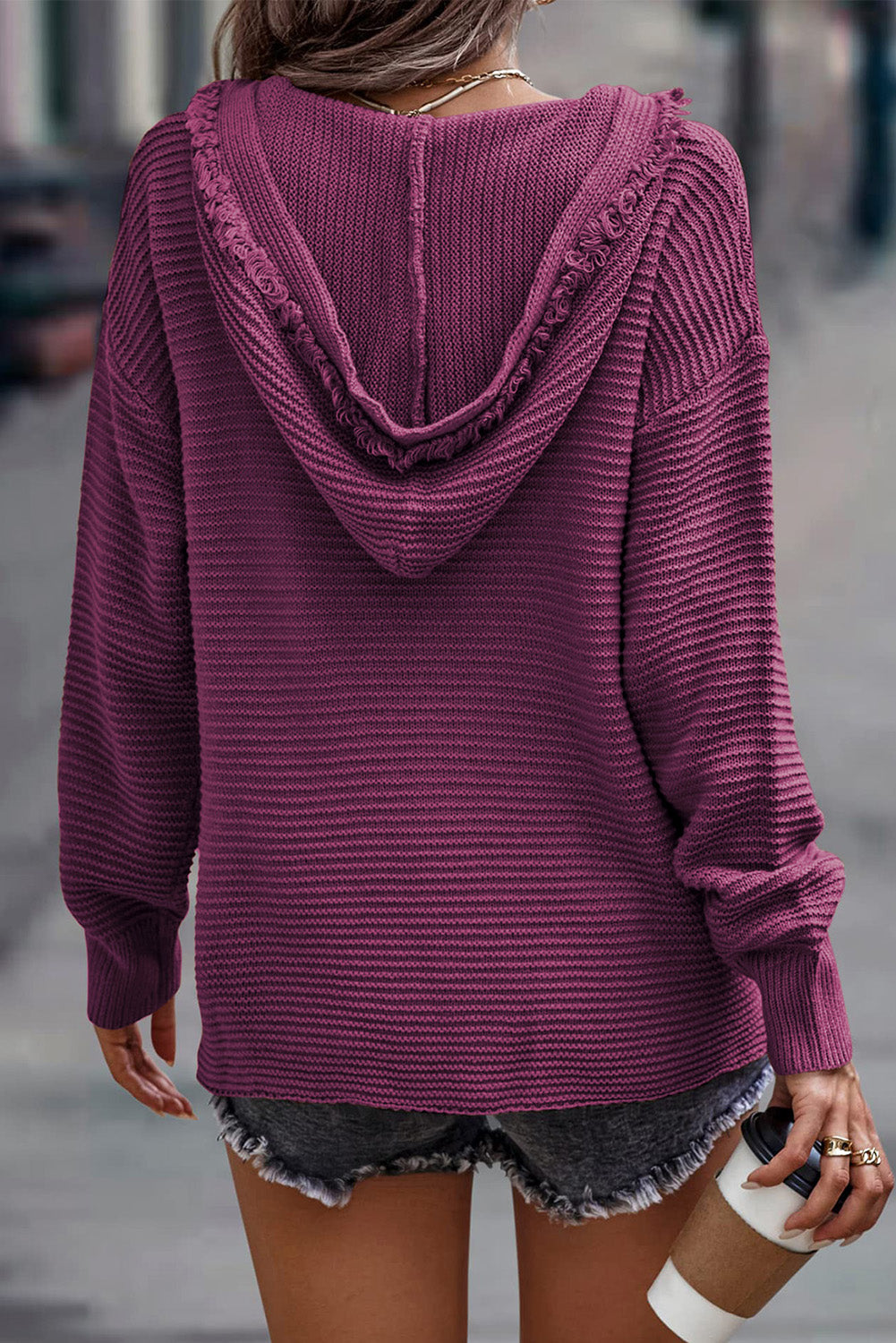 Purple Split V Neck Pullover Hooded Sweater 86b34062730823bc